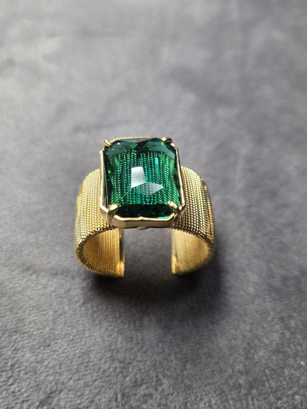 14K Yellow Gold Plated Mesh Cuff Adjustable Ring with Emerald Green Stone